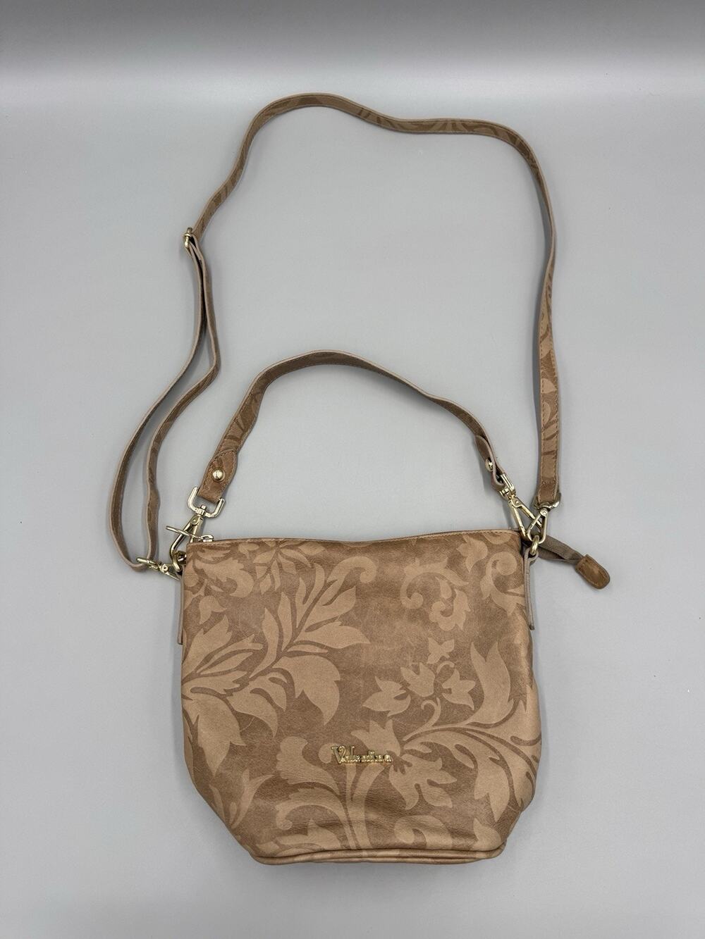 Valentina Genuine Leather Tan Crossbody Embossed Floral Scrollwork Design Bag
